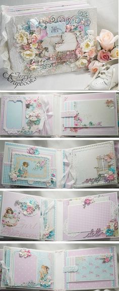 four different images of the inside of a card with flowers and ribbons on it, all in pastel colors