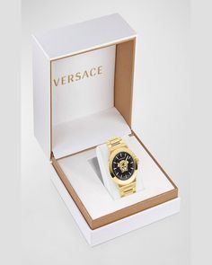 Versace "Medusa Infinite" men's analog bracelet watch    47mm; round IP yellow gold stainless steel case    Sapphire crystal glass    Logo lettering at the top ring    Matte black dial with a goldtone Medusa center    Logo lettering at 12 o'clock    Threelink IP yellow gold bracelet    Foldover buckle    Water resistant at 5 ATM    Quartz movement    Spot clean    Made in Switzerland Gold Chronograph Watch For Business, Gold Chronograph Watch With Round Dial For Business, Gold Chronograph Watch With Round Dial, Luxury Yellow Gold Watch Accessories With Analog Display, Yellow Gold Watches With Analog Display, Formal Gold-tone Watches With Round Dial, Classic Gold Chronograph Watch With Skeleton Dial, Gold Stainless Steel Chronograph Watch With Skeleton Dial, Gold Luxury Chronograph Watch With Round Dial