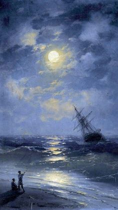 a painting of two people on the beach at night with a ship in the background