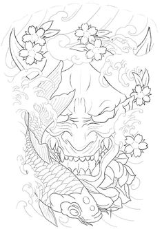 an ink drawing of a dragon with flowers on it's head and two fish in the water