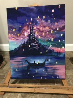 an acrylic painting of a castle in the sky with lanterns floating over it