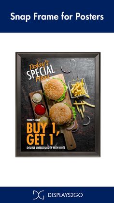 a poster with two hamburgers and french fries on it that says, shop frame for posters