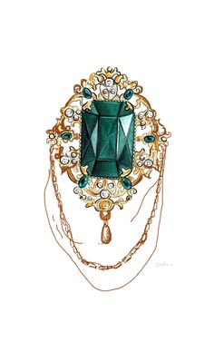 a drawing of a green brooch with pearls and chains on it's sides