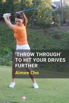 a woman swinging a golf club at a ball in the grass with an inspirational quote above it