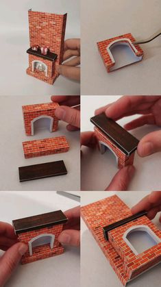 four different views of the inside of a miniature brick house with its door open and windows opened