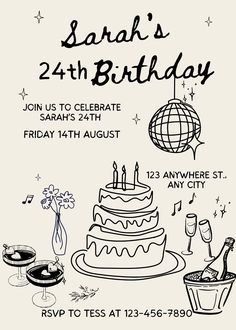 a birthday party flyer for someones 21st birthday with cake, wine glasses and music notes