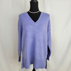 New - T Tahari Tunic Style Sweater, Size: Medium Color: Paris Blue Size: Medium Long-Sleeved Neckline: V-Neck Length: Hits Below The Bottom Material: 52% Viscose, 28% Polyester, 20% Nylon Purple Sweater For Workwear In Spring, Purple Long Sleeve Sweater For Work, Long Sleeve Purple Sweater For Work, Purple Sweater For Spring Workwear, Oversized Purple V-neck Sweater, Lightweight Open Front Cardigan, Blue Cotton V-neck Tunic, Paris Blue, Gray Tunic