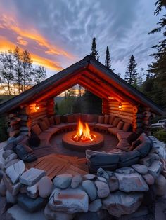 an outdoor fire pit with rocks and logs around it at dusk or dawn, surrounded by trees