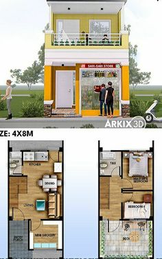 two story house plan with three floors and an attached balcony, in the same area