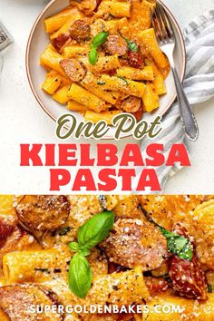 one pot kielbasa pasta with basil and parmesan cheese on the side