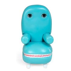 a small blue chair with two eyes on it