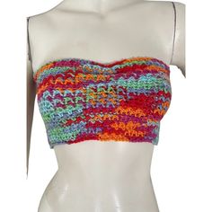 Crocheted Bandeau Top. 100% Acrylic Year, Band Is Approx 25" And Has Some Additional Stretch. Top Is 6"In Length. Fitted Multicolor Bandeau Tube Top, Multicolor Fitted Bandeau Tube Top, Multicolor Stretch Cotton Crop Top, Stretch Multicolor Tube Top, Multicolor Strapless Casual Crop Top, Multicolor Stretch Bandeau Top, Fitted Multicolor Bandeau Top, Casual Multicolor Strapless Crop Top, Multicolor Fitted Bandeau Top