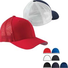 Flexfit (R) 6-panel structured low profile trucker cap. 55% polyester, 43% cotton, 2% spandex. Eight-row stitching on bill; hard buckram backed front panels; polyester / spandex mesh on side and back; spandex sweatband retains shape; Silver underbill. You don't need to drive an eighteen wheeler to enjoy this comfortable and stylish low profile trucker cap. Great for any occasion. Hat Print, Trucker Cap, Polyester Spandex, The Row, Stitching, Drive, Mesh