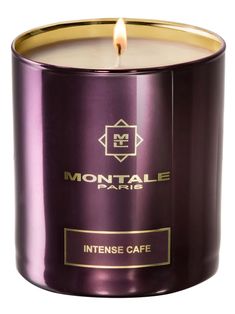 the intense cafe candle is in a purple tin with gold trim and a white background