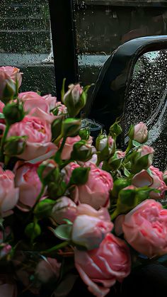 pink roses are sitting in front of a car with raindrops on the window