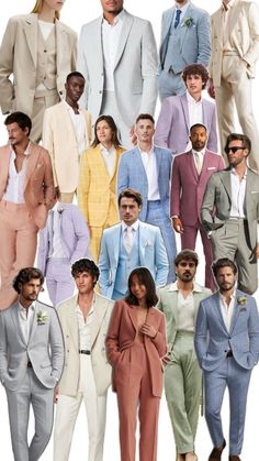 a collage of men and women in pastel colored suits, with one woman standing behind them