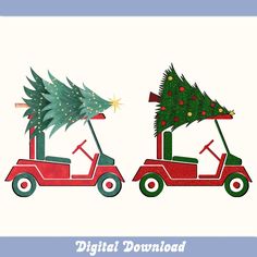 two red golf carts with christmas trees on the back, one carrying a green tree