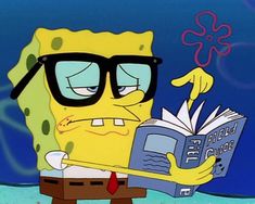 spongebob reading a book while wearing glasses