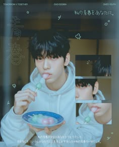 a young man in a white hoodie holding a plate with candy on it and looking at the camera