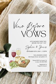 wine and cheese brunch wedding shower party card with the words,'vino before vows'on it