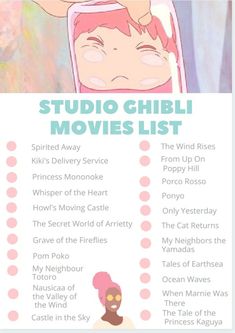 a poster with the words studio ghibi movies list in pink and green on it