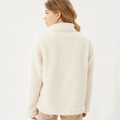 Sherpa brushed pullover 100% Polyester Size and Fit: Model wearing size Small Cozy Long Sleeve Sweater With Fleece Lining, Cozy Crew Neck Fleece Jacket, Cozy Fleece Jacket With Crew Neck, Cozy Cream Fleece Tops, Cozy Fit Sweater With Fleece Lining, Cozy Fleece Sweater With Soft Texture, Cozy Fleece-lined Tops, Cozy Cream Fleece Sweater, Cozy Sherpa Sweatshirt For Fall