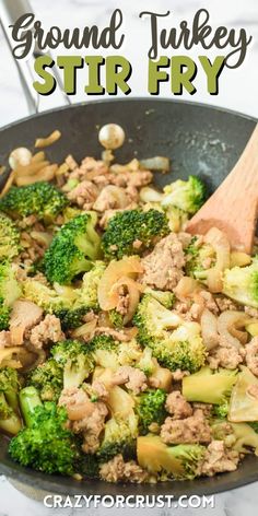 stir fry with broccoli and ground turkey in a skillet on the stove