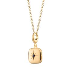 Whisper a wish to the stars with this celestial locket necklace. This enchanting pendant features a single, sparkling deep blue cubic zirconia nestled in the centre of a beautifully faceted star, crafted from 18ct gold plated recycled sterling silver. Open the locket to reveal a hidden compartment, perfect for tucking away a cherished memento or a tiny photo.  Wear this starry treasure close to your heart, a constant reminder of your dreams and a connection to the magic of the night sky.  All our charms attach with a clip-on clasp and are compatible with all other leading charm jewellery brands. Simply clip-on or slide-on to a chain, charm bracelet or charm carrier necklace.  All Lily Charmed jewellery comes presented in a beautiful gift box hand tied with ribbon. Material: 18ct Gold Plate Blue Star Charm Necklace As Gift, Blue Star Charm Necklace For Gift, Elegant Star-shaped Charm Necklace For Gift, 14k Gold-filled Star Charm Necklace As Gift, 14k Gold-filled Necklaces With Star Charm For Gifts, April Birthstone Jewelry, March Birthstone Jewelry, Gold Jewelry Necklace, Locket Charms