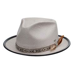 Classic teardrop crown summer fedora hat. Lightweight woven toyo hat with pinched front. Trimmed curled up brim, 2 3/8". Tribal pattern band with feather accent. Red faux leather sweatband. BILTMORE brand's 1917 collection. 100% toyo Summer Fedora Hat, Summer Fedora, Fedora Hat Men, Safari Hat, Stetson Hat, Mens Bucket Hats, Straw Fedora, Wide Brim Sun Hat, Outdoor Hats