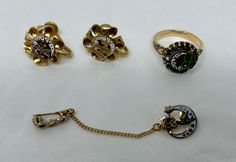 "pre-owned, please see photos - 10k 'GF\" gold filled ring, size 6, rhinestones, enamel - screw back earrings, 15mm diameter  - pin, 10k mark (don't know if it is filled GF or not)" Odd Fellows, Pocket Scarves, Earring Pins, Horse Blankets, Gold Filled Ring, Stripe Silk, Screw Back Earrings, Silk Ties, Ring Earrings