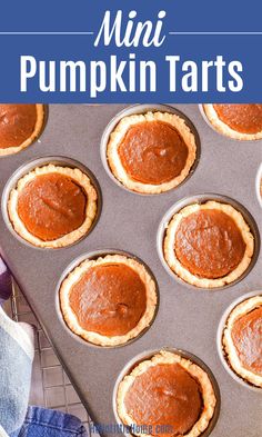 mini pumpkin tarts on a baking sheet with text overlay that reads mini pumpkin tarts