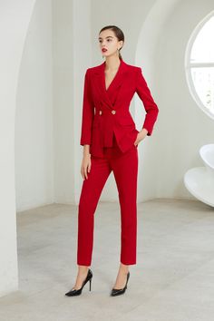 Red Three Button Layer Pantsuit Peak lapels; front button blazer V-Neck, Long sleeves; button cuffs. Structured shoulders. Chest welt pockets. Hip flap pockets Polyester 100% lining Imported Brand - Aision Model Number - 203180C1 Luxury Red Double Breasted Suit For Work, Luxury Red Three-piece Business Suit, Luxury Red Blazer With Welt Pockets, Luxury Red Suits For Business Casual, Evening Pant Suits Red, Luxury Red Blazer For Office, Luxury Casual Red Blazer, Luxury Red Fitted Unstitched Suit, Power Suits For Women Classy Red