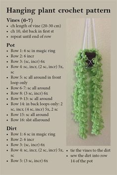 Heading: Hanging plant crochet pattern. Picture of a crocheted, light green, hanging vines plant in a brown pot hung by white yarn. Written pattern is too long to put in image discription, sorry. Plant Crochet, Crochet Plant, Crochet Design Pattern, Beginner Crochet Projects, Hanging Plant, Quick Crochet, Fun Crochet Projects, Diy Crochet Projects