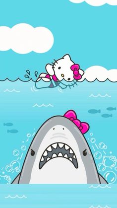 hello kitty swims in the ocean with a shark and a girl on her back