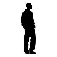 a black and white silhouette of a man standing with his hands in his pockets looking down