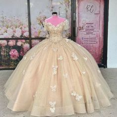 Quinceanera Dresses 3D Butterflies Glitter Beaded Sweet 15 16 Prom Ball Gowns.  "This pin contains affiliate links, which means I may earn a commission at no cost to you extra for you". 
 #affiliate #advertising" Gold Quince Dress, Dress Butterfly, Quince Dress, Prom Ball Gown, Sweet 15, 3d Butterflies, Wedding Veil, Sweet Dress, Quinceanera Dresses