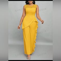 Shein Summer Lace Patchwork Round Neck Ruffle Edge Wide Leg Elegant Jumpsuit Size: L In Original Packaging Elegant Yellow Jumpsuits For Workwear, Elegant Yellow Jumpsuits And Rompers For Work, Fitted Yellow Ruffle Jumpsuits And Rompers, Yellow Fitted Jumpsuits And Rompers With Ruffles, Elegant Jumpsuit, 2piece Outfits, Modest Dresses Casual, Jumpsuit Elegant, Pantsuits For Women