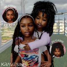 two black women hugging each other in front of a cityscape with the words kravesims on it