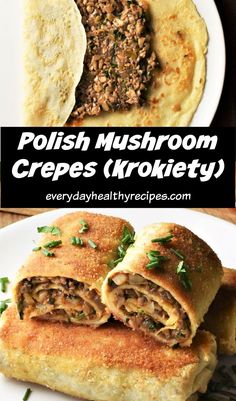 some food that is cut in half and sitting on a plate with the words polish mushroom crepes