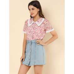 Take you from work to casual wear with this Allegra K shirt. In sweet floral prints, the lightweight and comfortable fabric is decorated with a lace trim and short sleeves. This short-sleeved shirt is enhanced by a cute floral and embroidered design and will be added right into your spring-summer wardrobe. A cute peter-pan-collar shirt is tailored with beautiful embroidery, a fresh flowered pattern, and a straight-cut silhouette. The button-down closure allows it to sit perfectly at the top of y Spring Lace Trim Button-up Shirt, Casual Shirt With Lace Collar, Spring Short Sleeve Shirt With Lace Trim, Summer Short Sleeve Shirt With Lace Collar, Summer Shirt With Lace Collar And Short Sleeves, Casual Short Sleeve Top With Lace Collar, Short Sleeve Cotton Blouse With Lace Collar, Short Sleeve Shirt With Lace Collar For Summer, Cotton Blouse With Lace Collar And Short Sleeve