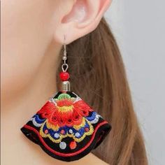 Black, Red, Yellow, Blue, White, & Green Multicolor Rainbow Bright Colored Embroidered Asian Ethnic Fan Mexican Taco Burrito Dangle Earrings. Silver Tube Bead & Red Bead Atop Embroidered Fan/Taco/Burrito. So Fun & Colorful! New. *Also Available In Green/Yellow Style! Measurements: Eardrop Length: 2.9” Earring Width: 2” If You Want It, Don’t Let It Get Away Send Me An Offer! I Love To Do Bundle Order Discounts! Red Embroidered Festival Jewelry, Red Embroidered Jewelry For Festival, Black Embroidered Bohemian Jewelry, Bohemian Black Embroidered Jewelry, Taco Burrito, Gold Diamond Hoop Earrings, Dangle Earrings Silver, Yellow Style, Ivory Earrings