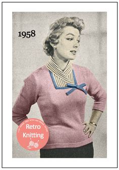 a woman in a pink sweater with a blue bow around her neck and the words retro knitting on it