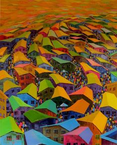 an oil painting of colorful houses and umbrellas