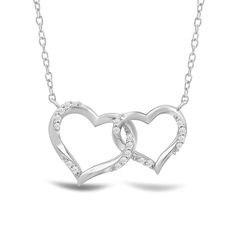 Two twisted hearts intertwined - together, forever. This heart pendant in white gold features a big and small heart cut-out linked together as a symbol of everlasting love. Diamonds adorn the pair of hearts. This necklace can represent the special bond between sisters, mother and child, or couples. Sterling Silver Infinity Heart Necklace For Anniversary, White Gold Heart Pendant For Promise, White Gold Promise Necklace For Valentine's Day, White Gold Heart Pendant Jewelry For Promise, Silver Infinity Heart Necklace For Anniversary, White Gold Necklace For Valentine's Day Promise, White Gold Necklaces For Valentine's Day Promise, Formal White Double Heart Necklace, Double Heart Diamond Necklace For Anniversary