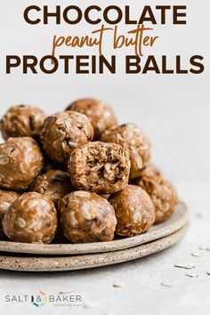 chocolate peanut butter protein balls stacked on a plate