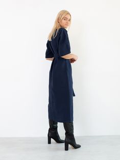 "CLEMENTINE is a linen kimono sleeve dress. DETAILS - Dolman style sleeves - Below the knee length - Self tie belt - Pockets - 100% lightweight European linen fabric - Cut and sewn to order just for you in our studio COLOR - Beige, you can also choose other colors above - Fabric samples are available here https://www.etsy.com/listing/586569696/linen-fabric-samples SIZING & FIT - Relaxed fit - Length is approximately 45 inches / 115 cm - Bust is approximately 19 inches / 48 cm - Hips are appr Blue Kimono Sleeve Dress For Daywear, Blue Dress With Kimono Sleeves For Daywear, Blue Dresses With Kimono Sleeves For Daywear, Elegant Blue Linen Workwear Dress, Elegant Blue Linen Dress For Work, Long Blue Dresses For Work, Kimono Sleeve Dress, Linen Dress Summer, Linen Kimono