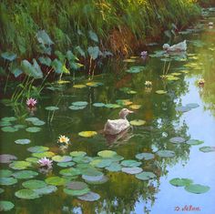 a painting of a duck swimming in a pond with lily pads and water lillies