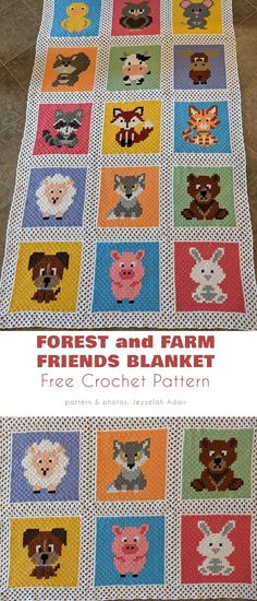 a quilted blanket with animals on it and the words forest and farm friends blanket