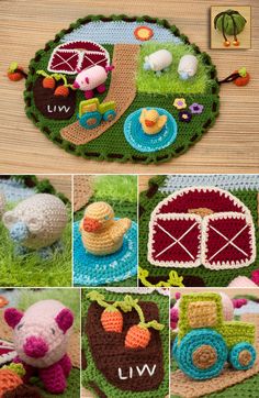 crocheted farm animals and other items are shown in this collage with photos