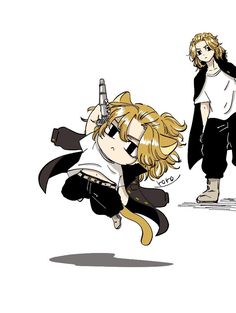 two anime characters one with blonde hair and the other wearing black pants, are facing each other